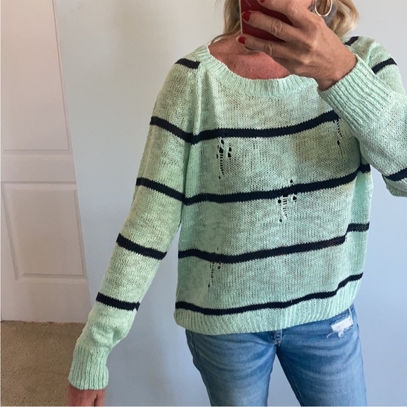 Mint Green & Navy Stripe Distressed Sweater - Picture 5 of 8